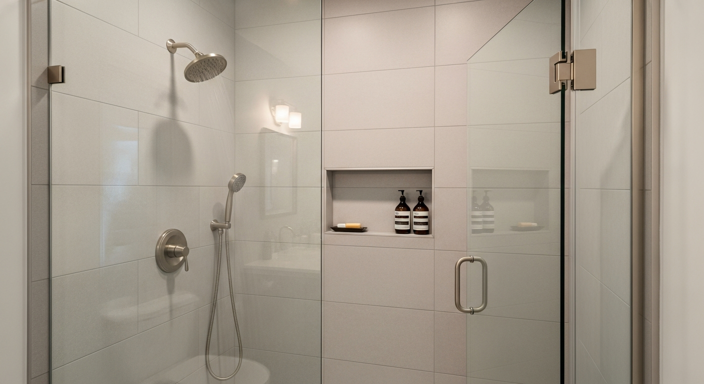Modern porcelain tile shower with large format walls and brushed nickel fixtures Raleigh NC